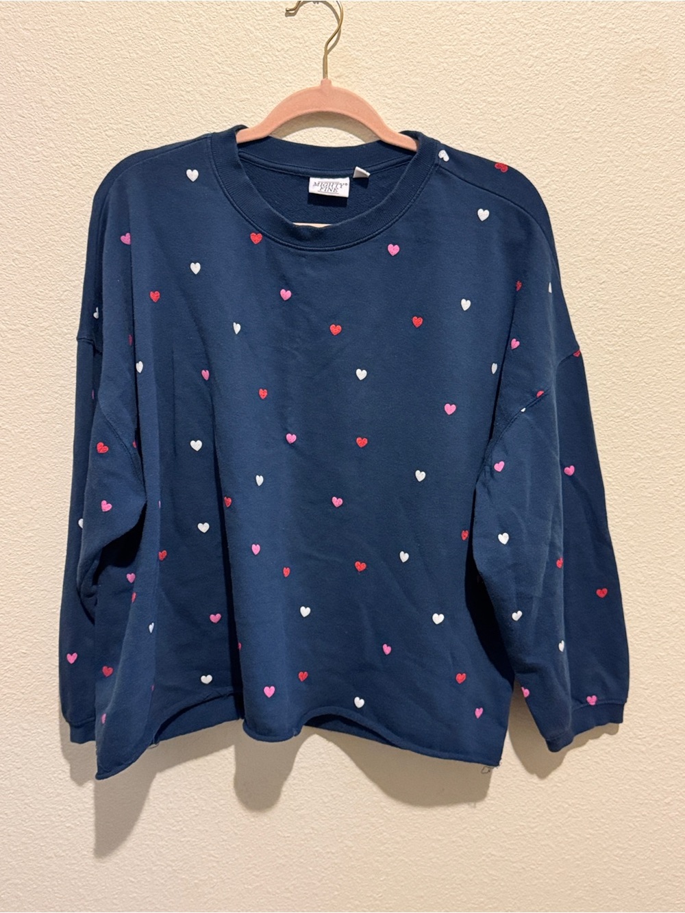 Mighty Fine Navy Sweatshirt with Pink, White and Red Heart Print